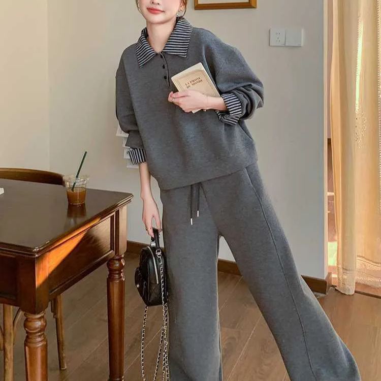 polo領休閒運動寬鬆顯瘦薄款衛衣衛褲兩件套裝-lululam