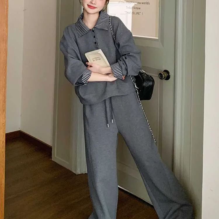 polo領休閒運動寬鬆顯瘦薄款衛衣衛褲兩件套裝-lululam