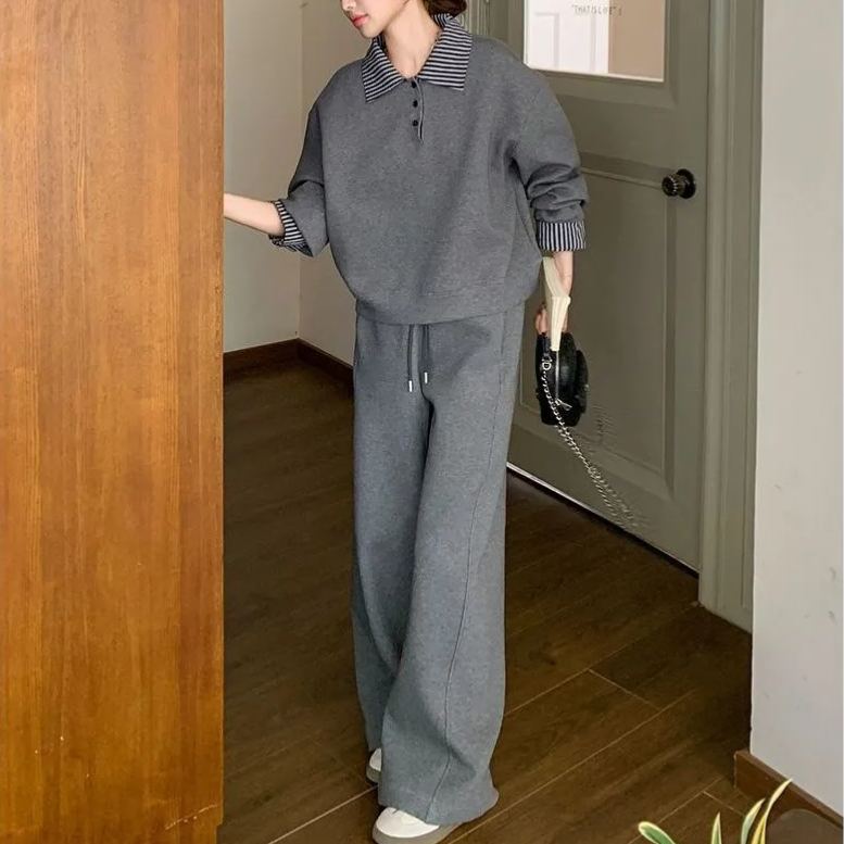 polo領休閒運動寬鬆顯瘦薄款衛衣衛褲兩件套裝-lululam