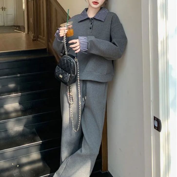 polo領休閒運動寬鬆顯瘦薄款衛衣衛褲兩件套裝-lululam