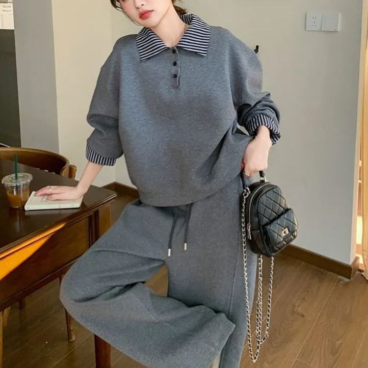 polo領休閒運動寬鬆顯瘦薄款衛衣衛褲兩件套裝-lululam