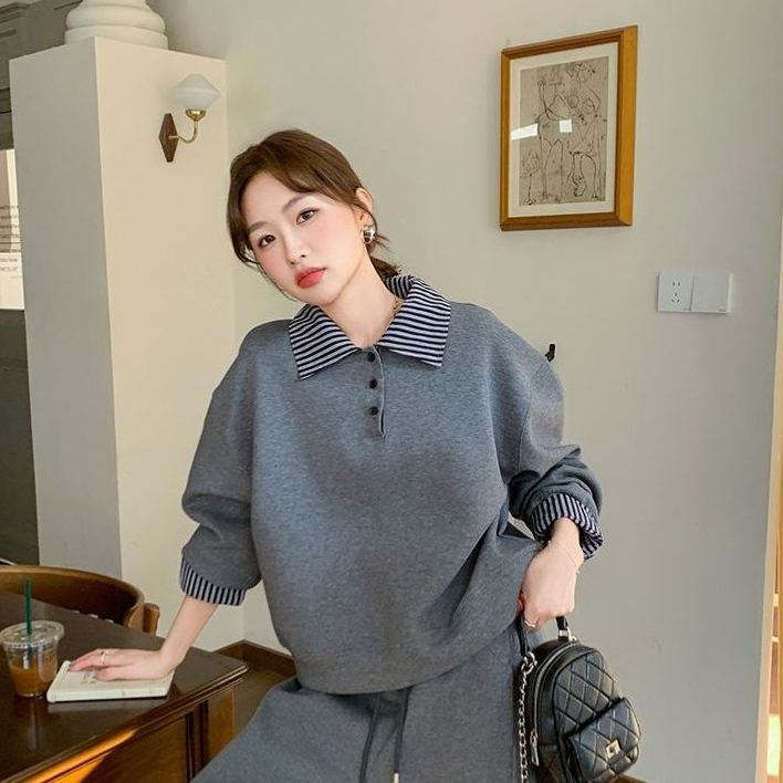 polo領休閒運動寬鬆顯瘦薄款衛衣衛褲兩件套裝-lululam