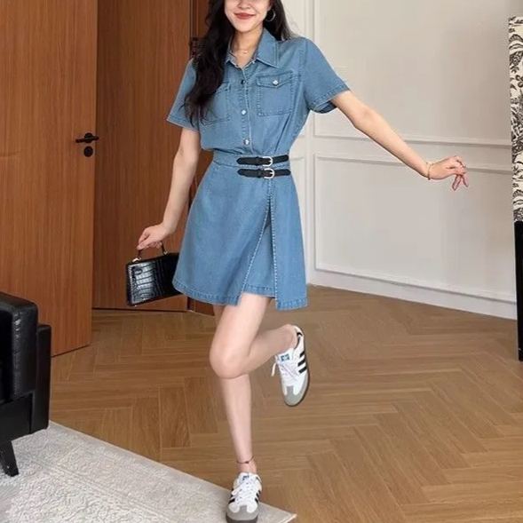 翻領一片式收腰顯瘦a字假兩件牛仔洋裝-lululam