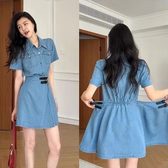 翻領一片式收腰顯瘦a字假兩件牛仔洋裝-lululam