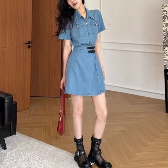 翻領一片式收腰顯瘦a字假兩件牛仔洋裝-lululam