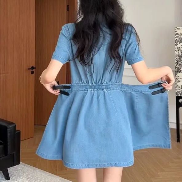 翻領一片式收腰顯瘦a字假兩件牛仔洋裝-lululam