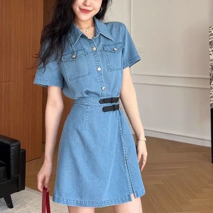 翻領一片式收腰顯瘦a字假兩件牛仔洋裝-lululam