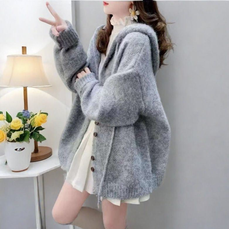 慵懶風百搭韓版寬鬆連帽針織開衫