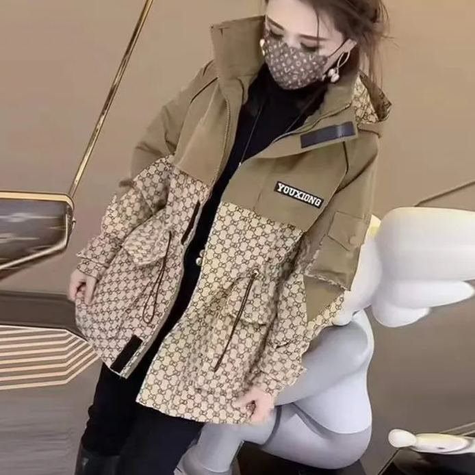 新款連帽拼接抽繩收腰寬鬆衝鋒衣風衣外套