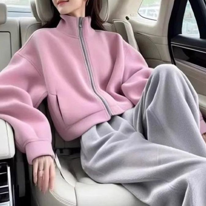 【單件/套裝】顯高穿搭粉色外套+休閒運動闊腿褲兩件套裝