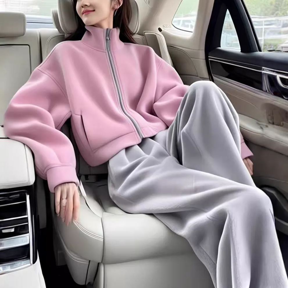 【單件/套裝】顯高穿搭粉色外套+休閒運動闊腿褲兩件套裝