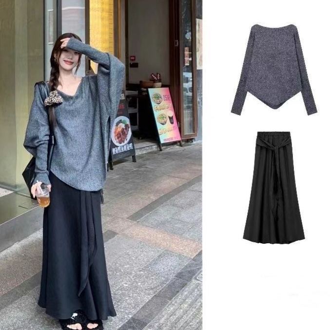 【單件/套裝】不規則慵懶風寬鬆針織毛衣+魚尾裙半身裙兩件套