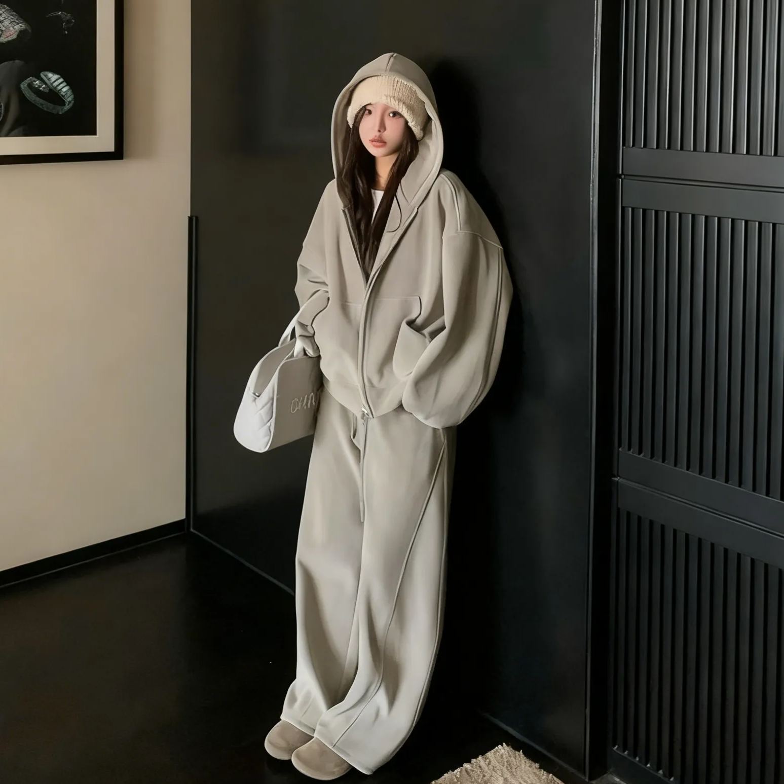 【整套】洋氣時髦大碼顯瘦連帽T+運動休閒闊腿褲兩件套