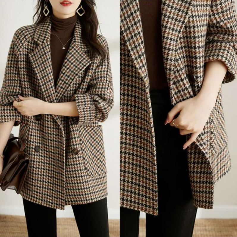 西裝領毛呢大衣寬鬆時尚中長版千鳥格外套