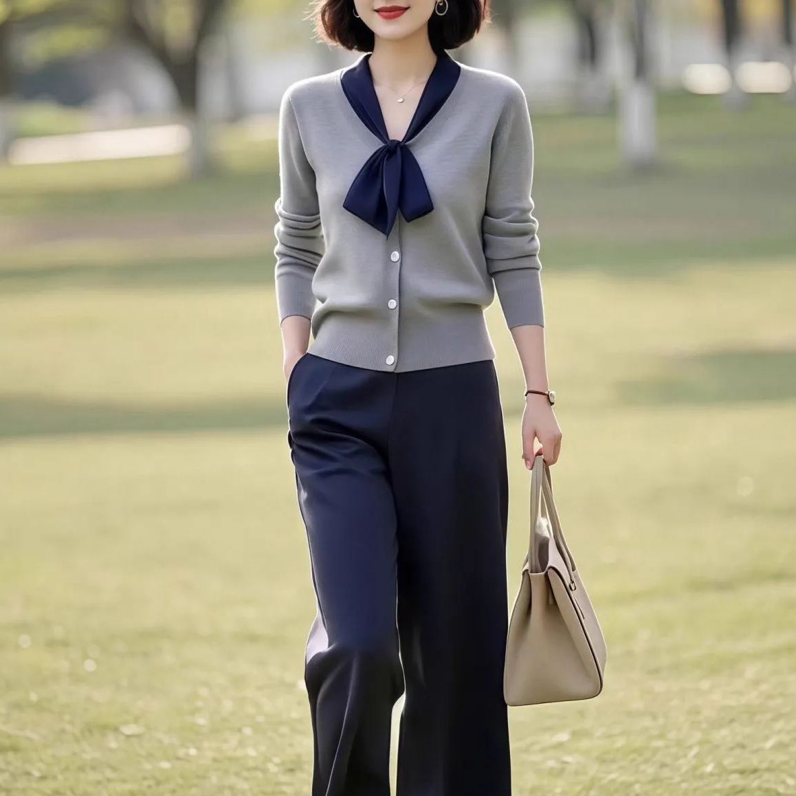 【整套】高級通勤設計感拼接系帶針織上衣直筒褲兩件套裝