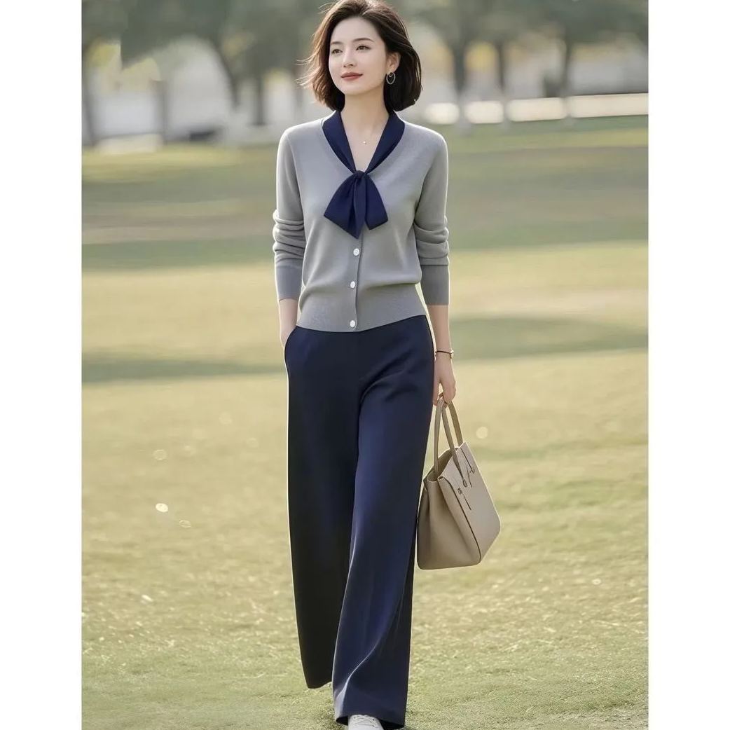 【整套】高級通勤設計感拼接系帶針織上衣直筒褲兩件套裝