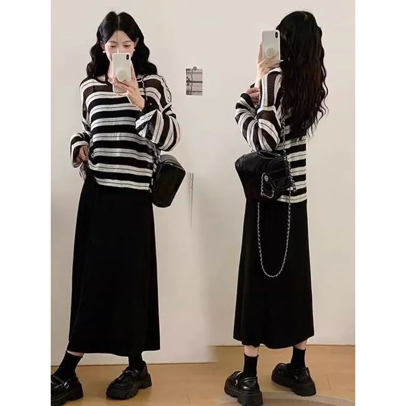 【單件/套裝】超火搭配大碼胖MM黑色吊帶裙+條紋針織罩衫兩件套