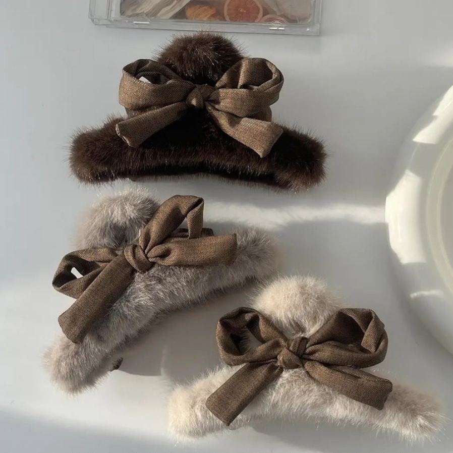 蝴蝶結毛絨髮夾大號鯊魚夾後腦勺盤髮抓夾