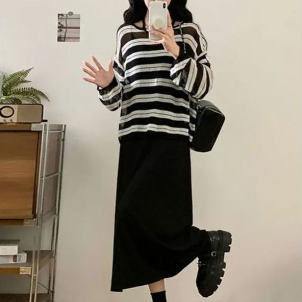 【單件/套裝】超火搭配大碼胖MM黑色吊帶裙+條紋針織罩衫兩件套