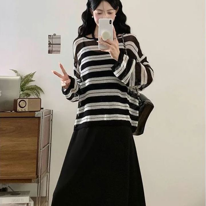 【單件/套裝】超火搭配大碼胖MM黑色吊帶裙+條紋針織罩衫兩件套