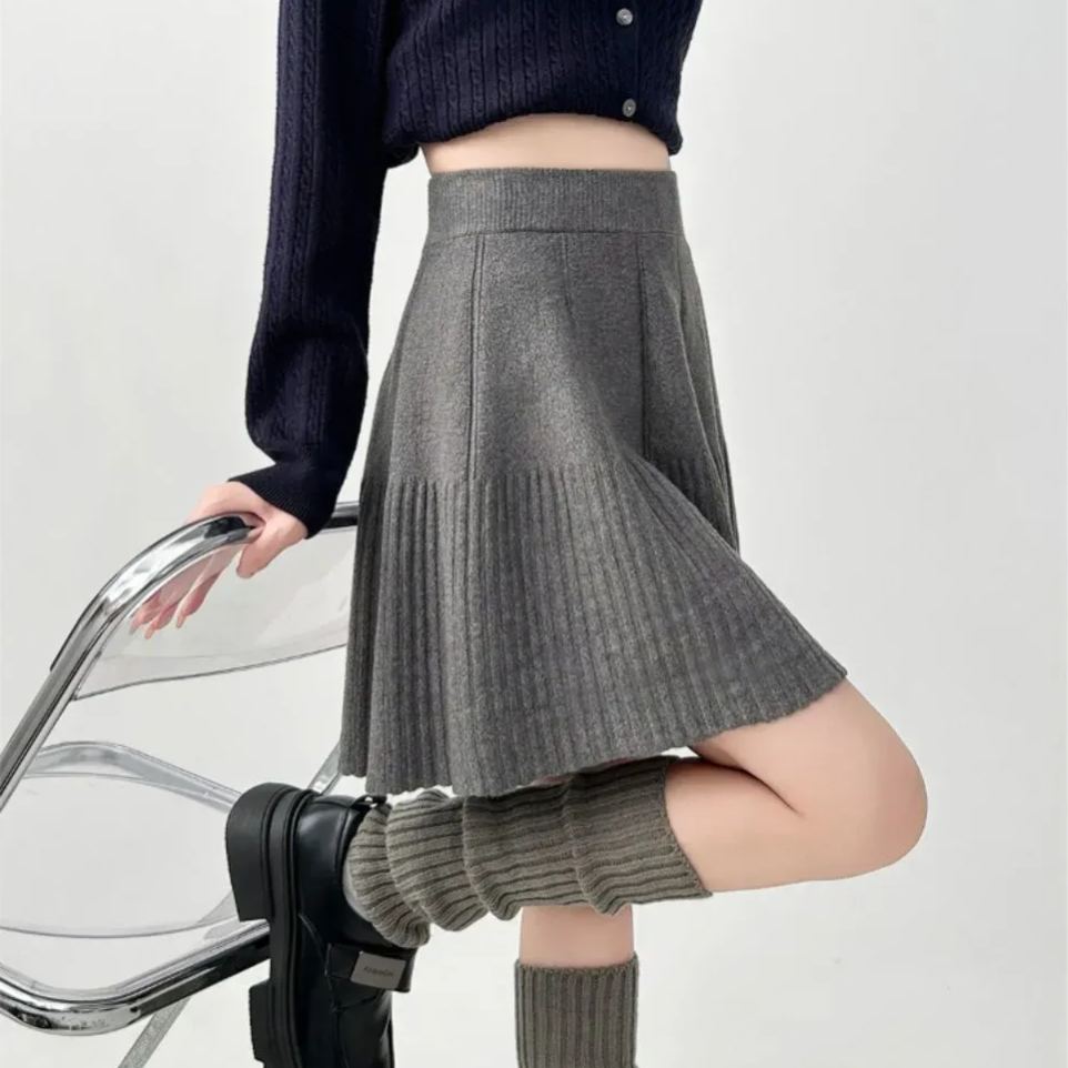 設計感顯瘦高腰針織裙遮跨A字百褶半身裙