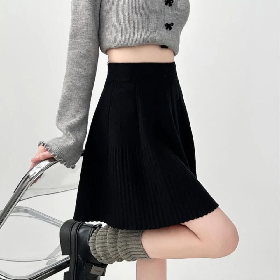 設計感顯瘦高腰針織裙遮跨A字百褶半身裙