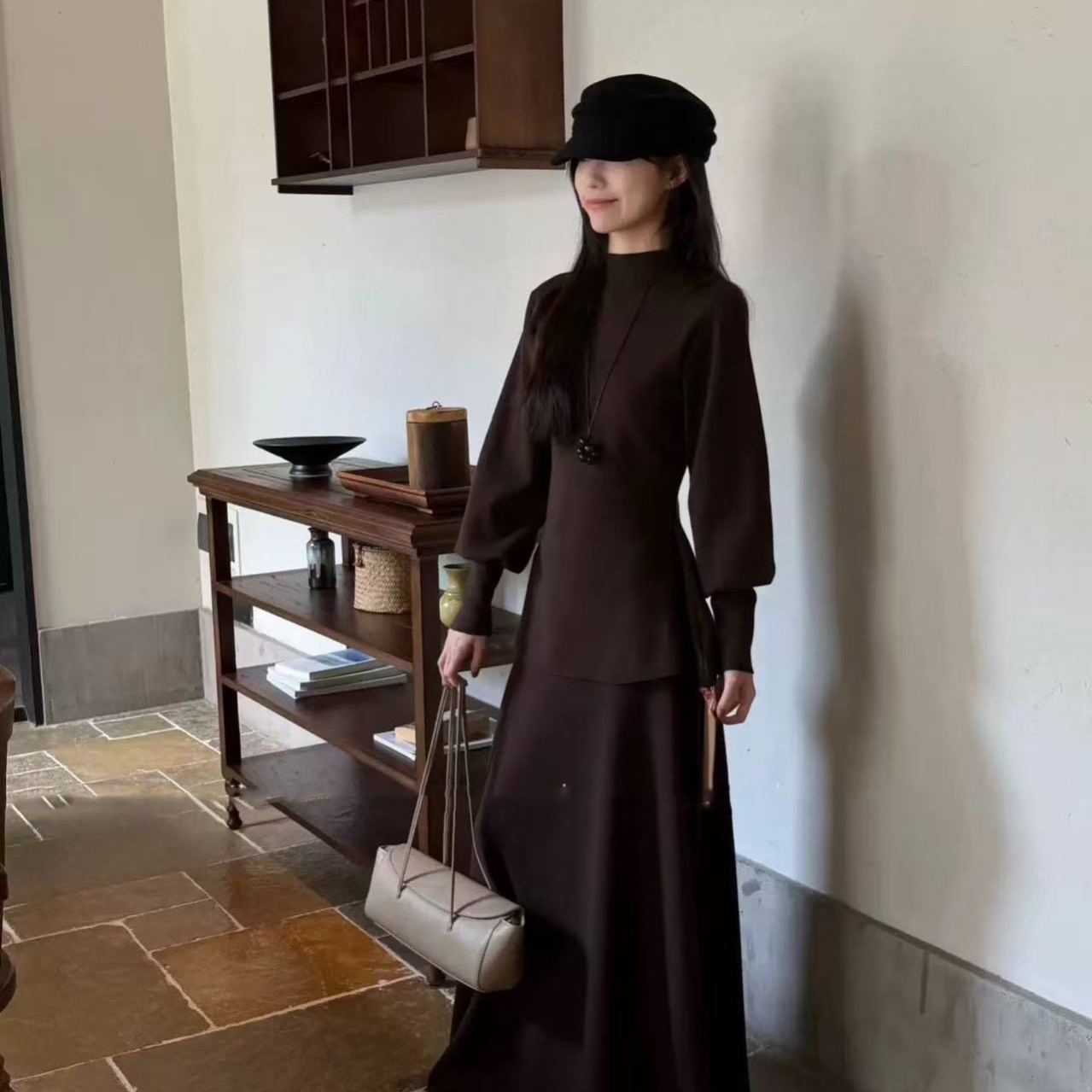 法式半高領燈籠袖獨特絕美收腰慵懶氣質毛衣針織衫