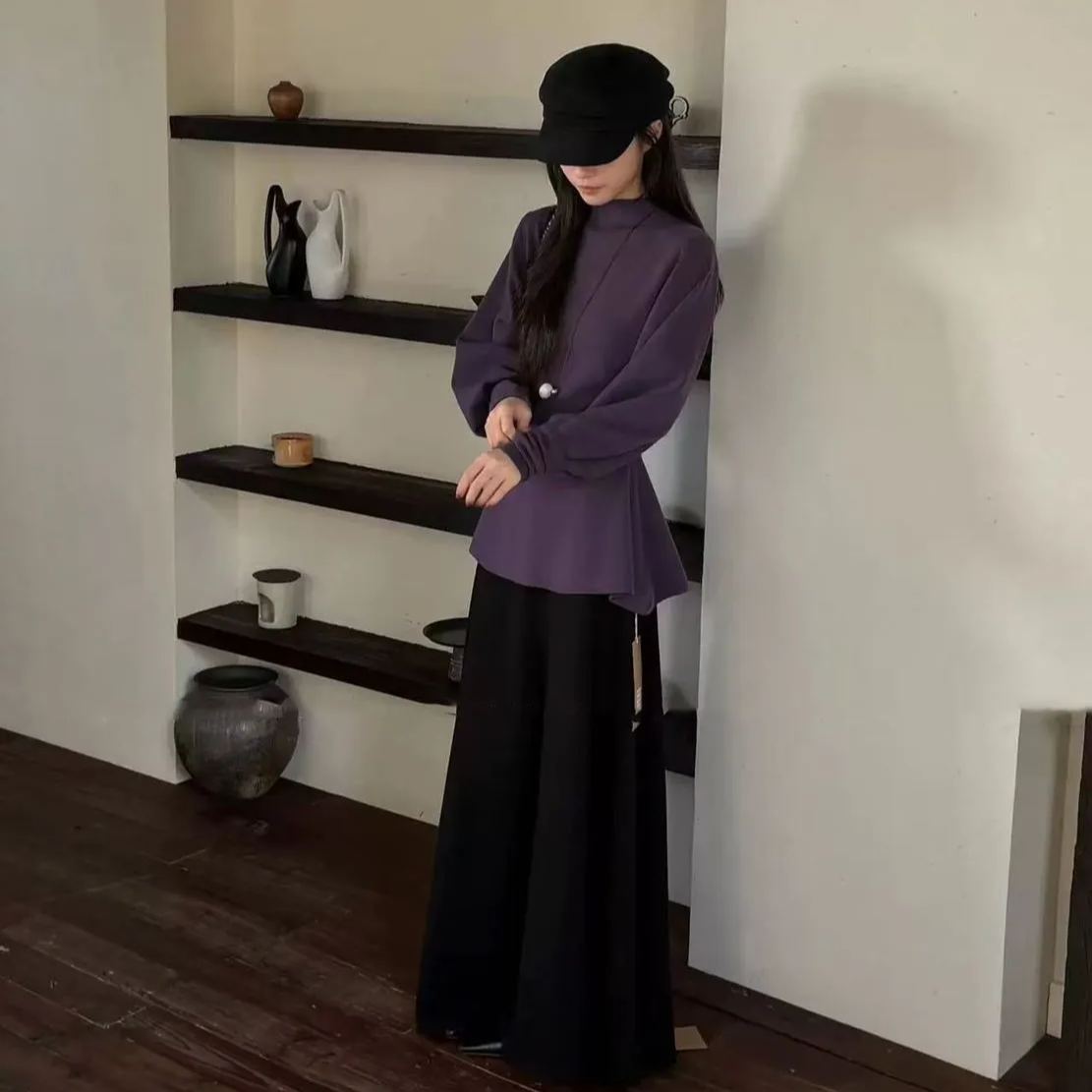 法式半高領燈籠袖獨特絕美收腰慵懶氣質毛衣針織衫