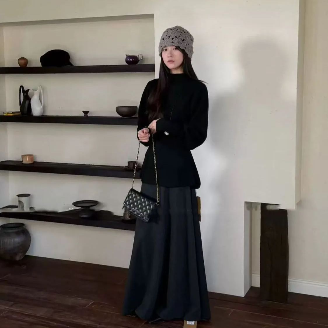 法式半高領燈籠袖獨特絕美收腰慵懶氣質毛衣針織衫