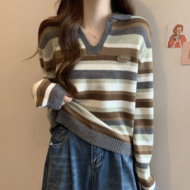 條紋POLO領針織打底衫新款大碼內搭長袖毛衣
