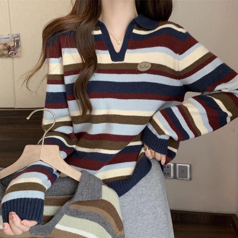 條紋POLO領針織打底衫新款大碼內搭長袖毛衣