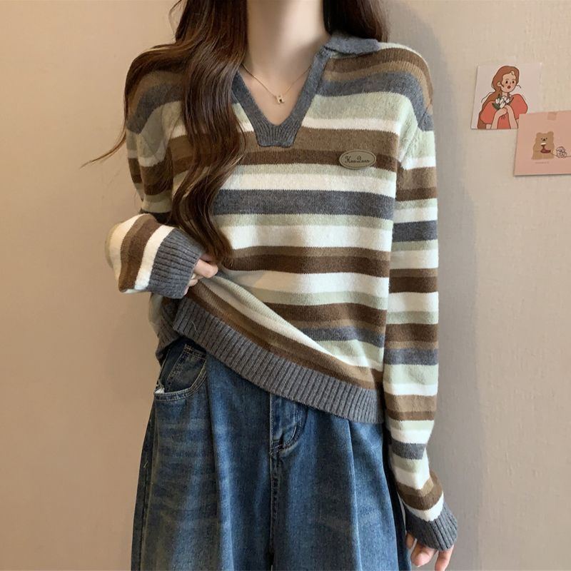 條紋POLO領針織打底衫新款大碼內搭長袖毛衣