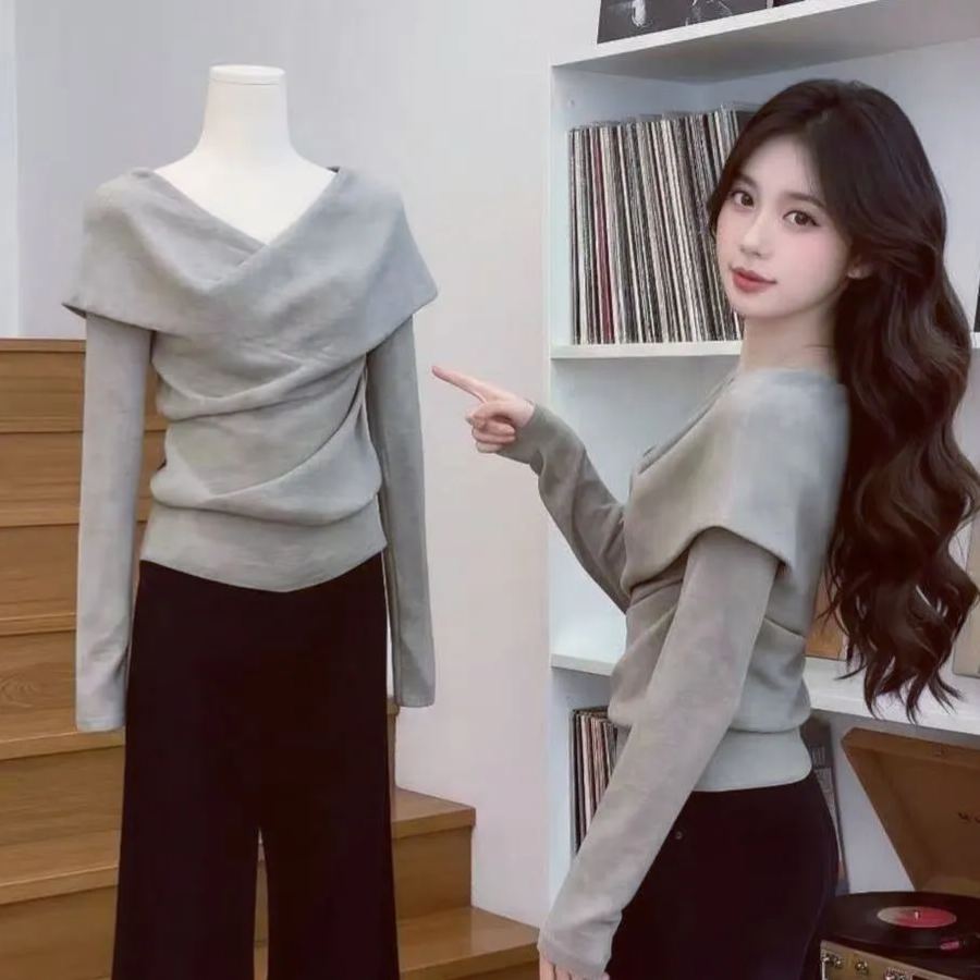 法式氣質多種穿法不規則德絨加厚百搭顯瘦打底純色長袖T恤