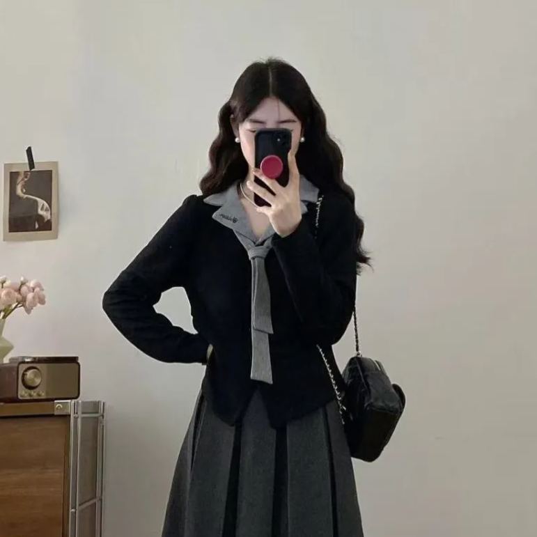 【單件/套裝】假兩件遮肉顯瘦翻領刺繡上衣+百褶A字半身裙兩件套