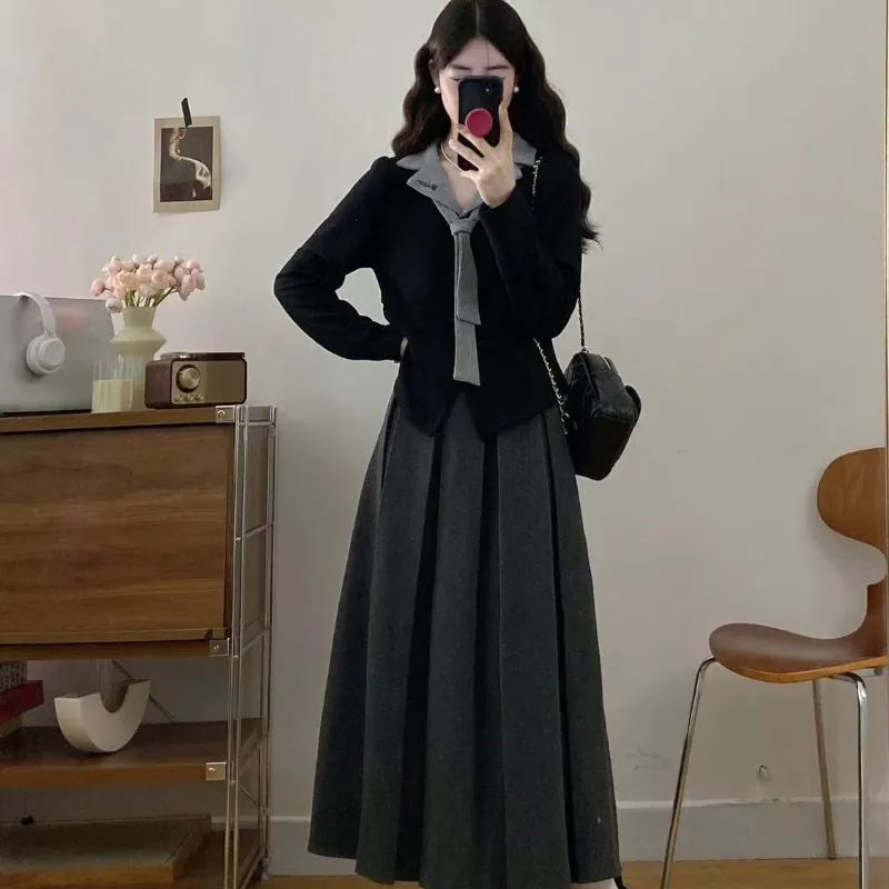 【單件/套裝】假兩件遮肉顯瘦翻領刺繡上衣+百褶A字半身裙兩件套