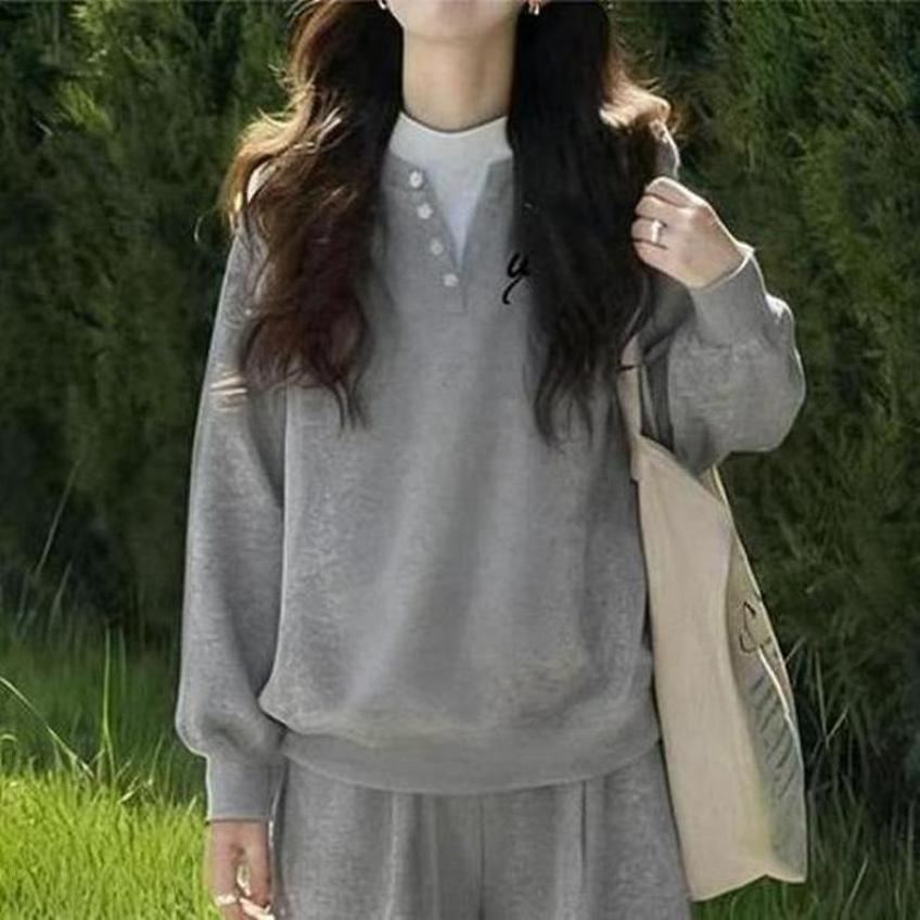 【單件/套裝】休閒加絨加厚寬鬆學院假兩件衛衣+運動闊腿褲兩件套