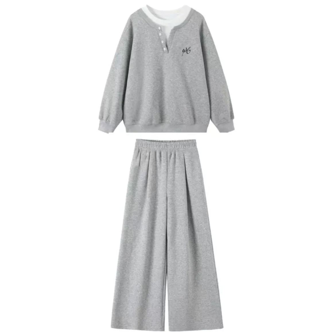 【單件/套裝】休閒加絨加厚寬鬆學院假兩件衛衣+運動闊腿褲兩件套