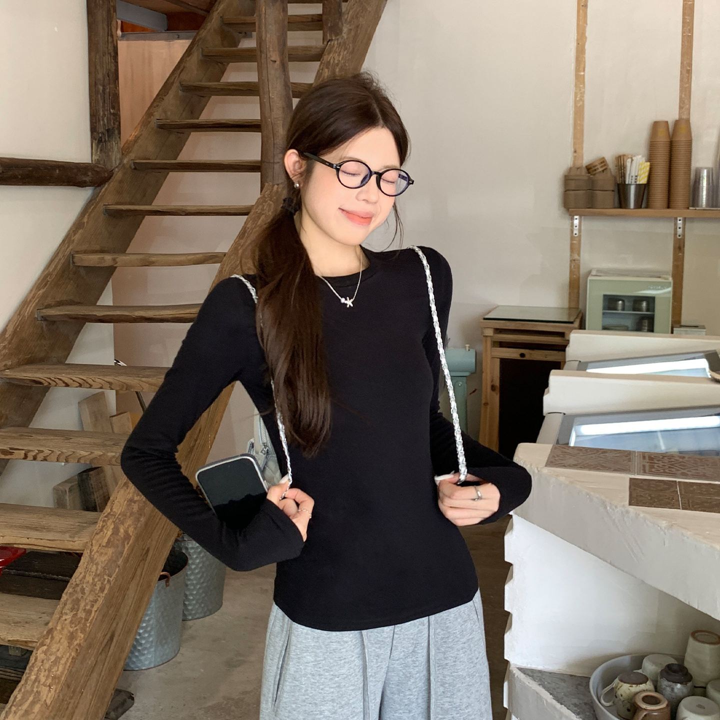 韓系圓領長袖T恤內搭打底衫修身慵懶氣質上衣