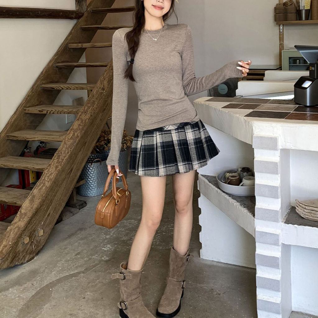 韓系圓領長袖T恤內搭打底衫修身慵懶氣質上衣