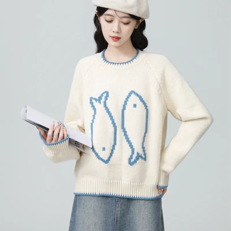 圓領套頭厚鬆軟提花寬鬆上衣針織衫