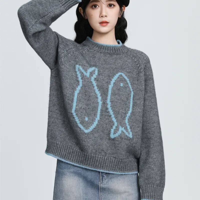 圓領套頭厚鬆軟提花寬鬆上衣針織衫