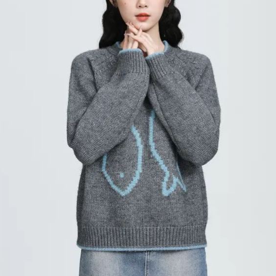 圓領套頭厚鬆軟提花寬鬆上衣針織衫