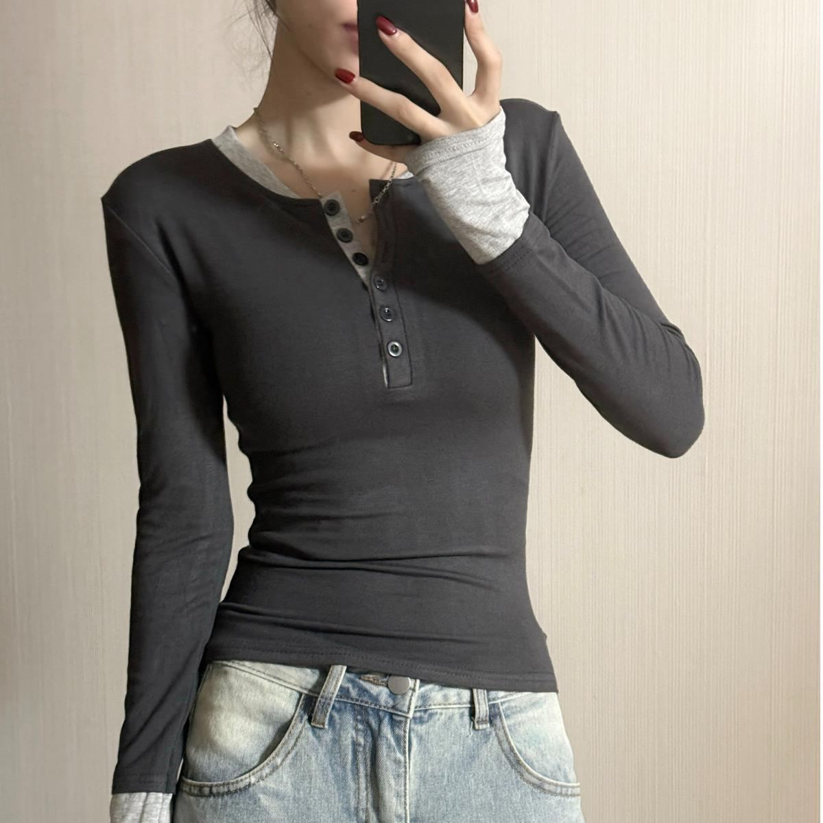 撞色假兩件別致內搭顯瘦辣妹打底衫