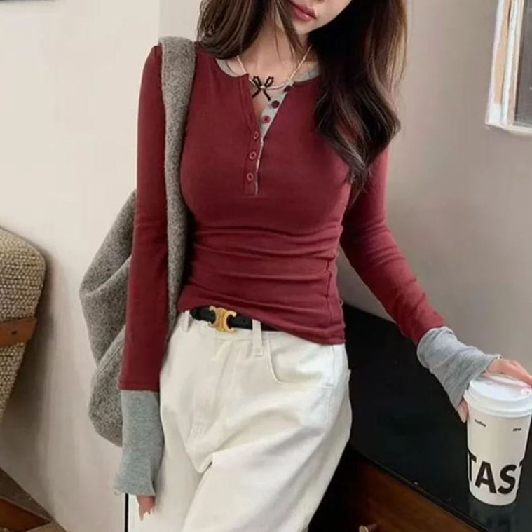 撞色假兩件別致內搭顯瘦辣妹打底衫