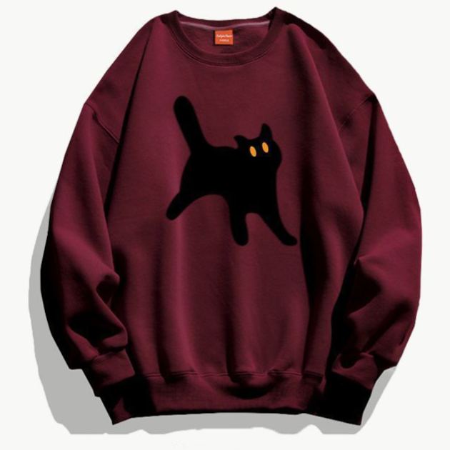 韓系卡通貓咪印花刷毛加厚休閒圓領長袖T恤