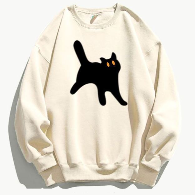 韓系卡通貓咪印花刷毛加厚休閒圓領長袖T恤