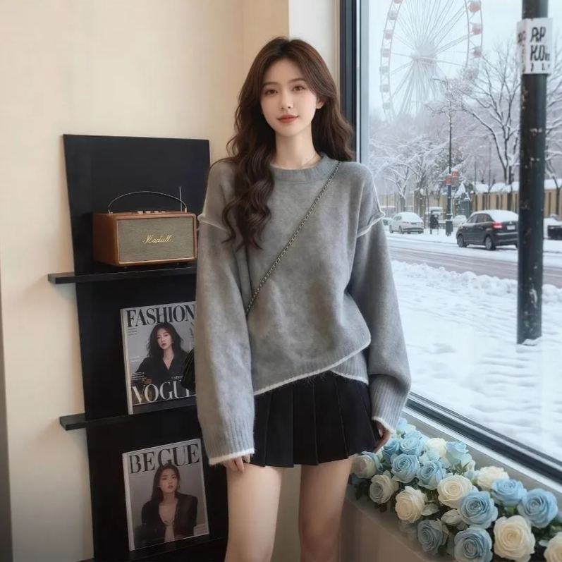 不規則法式撞色遮肚顯瘦溫柔氣質打底衫