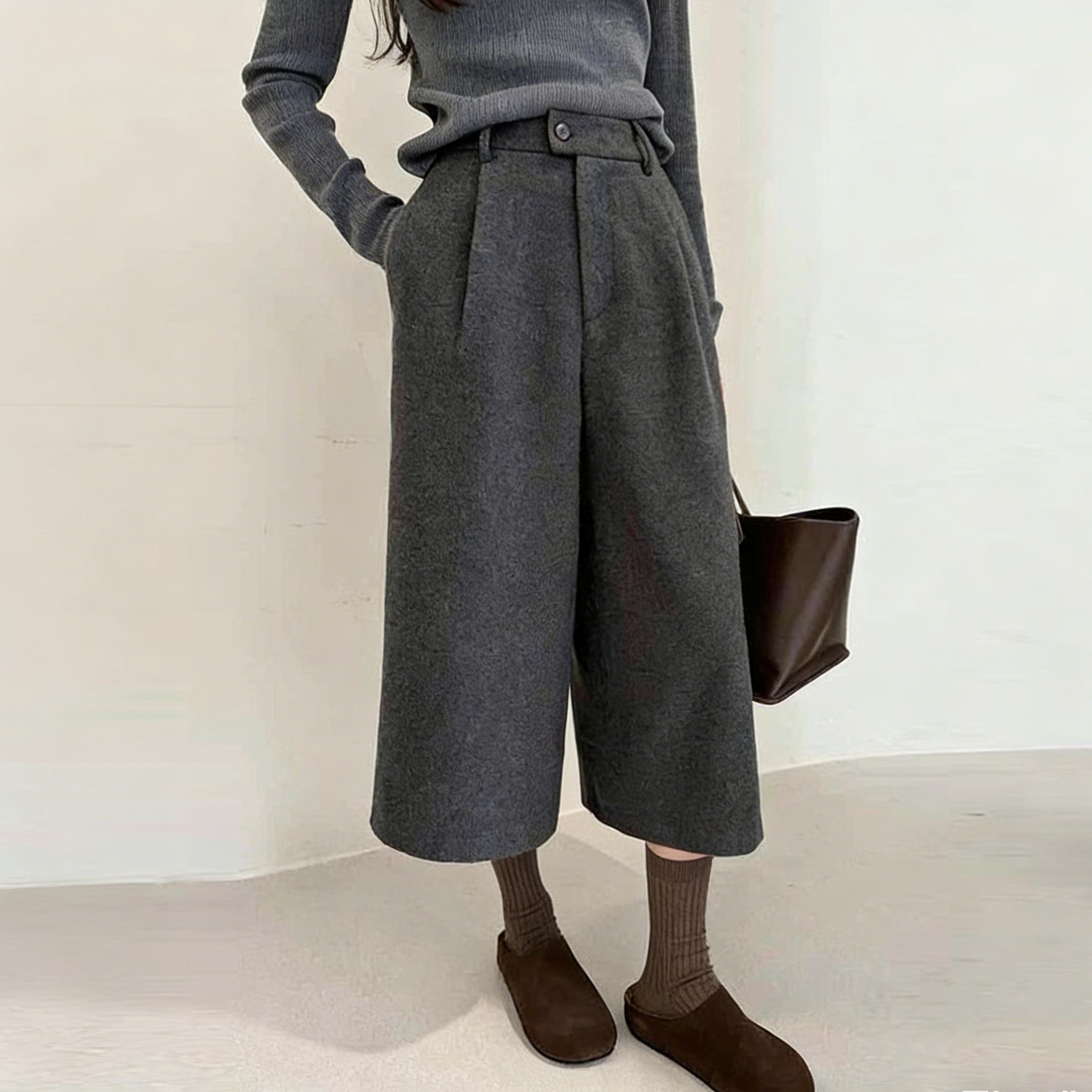 洋氣復古高腰顯瘦寬鬆加厚保暖七分闊腿褲