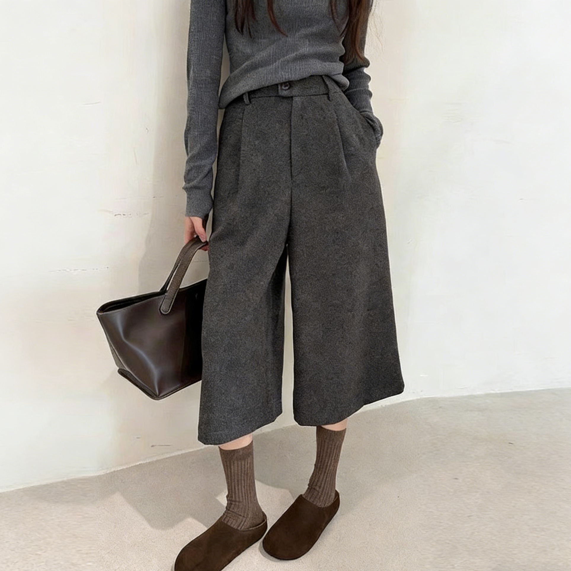 洋氣復古高腰顯瘦寬鬆加厚保暖七分闊腿褲