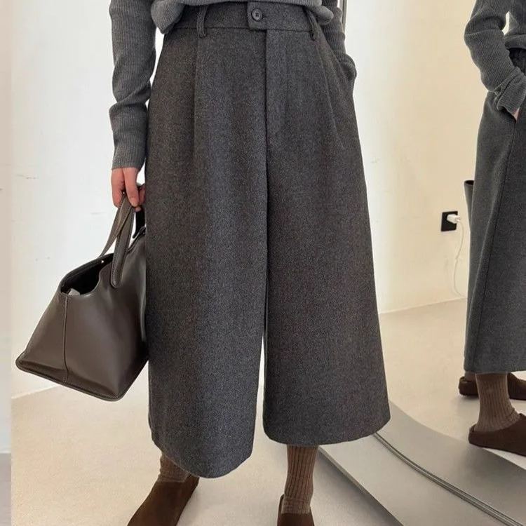 洋氣復古高腰顯瘦寬鬆加厚保暖七分闊腿褲